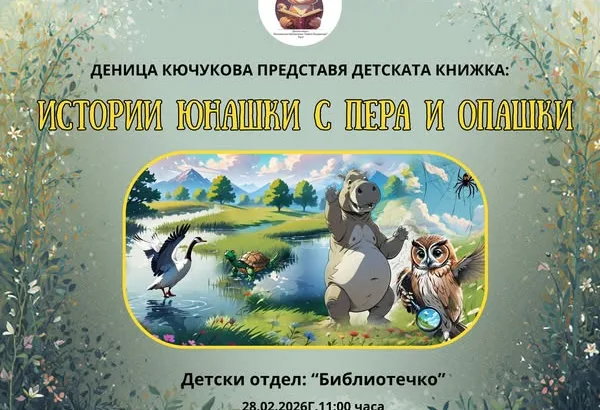 Представянето на книгата „Истории юнашки, с пера и опашки“ – третата детска книга на талантливата авторка Деница Кючукова, ще се състои на 28 февруари